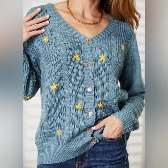 NEW HEYSON PLUS + REG SIZE Floral Embroidered Chunky Cable Knit Cardigan Sweater - Picture 7 of 12